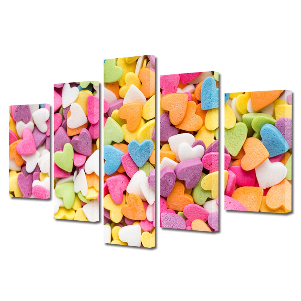 Set Tablouri Multicanvas 5 piese Colectia Ziua Indragostitilor, Dragobete, Valentine's Day, Inimioare colorate, Decoratiuni Moderne pentru Casa, 120 x 225 cm