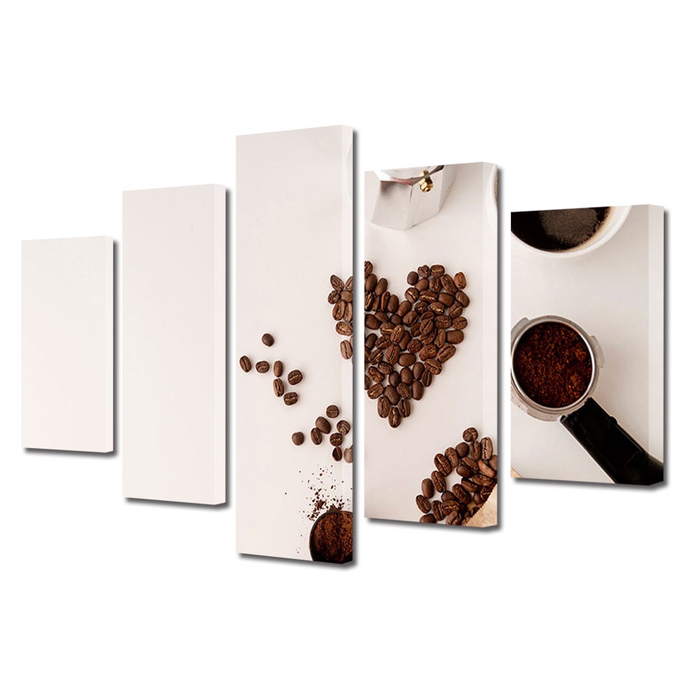 Set Tablouri Multicanvas 5 piese Colectia Ziua Indragostitilor, Dragobete, Valentine's Day, Boabe cafea inimioara, Decoratiuni Moderne pentru Casa, 120 x 225 cm