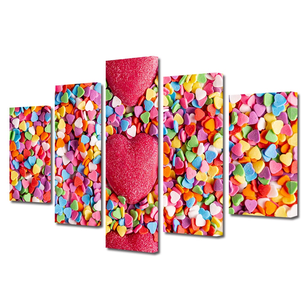 Set Tablouri Multicanvas 5 piese Colectia Ziua Indragostitilor, Dragobete, Valentine's Day, Inimi mari si multe inimioare colorate, Decoratiuni Moderne pentru Casa, 120 x 225 cm