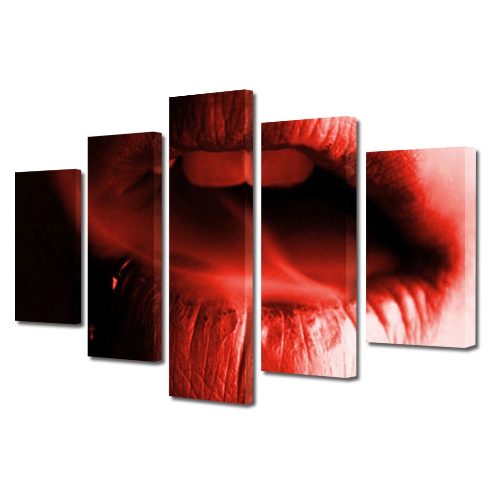 Set Tablouri Multicanvas 5 piese Colectia Ziua Indragostitilor, Dragobete, Valentine's Day, Fum intre buze rosii, Decoratiuni Moderne pentru Casa, 120 x 225 cm