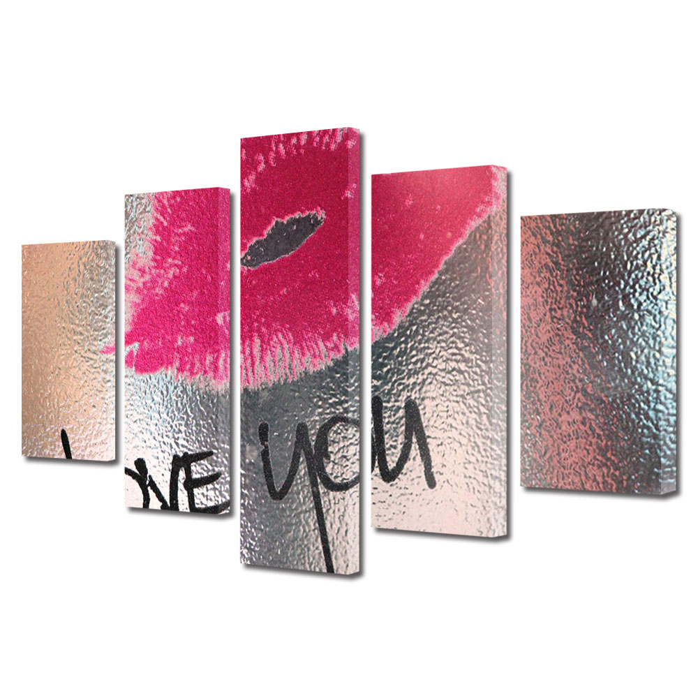 Set Tablouri Multicanvas 5 piese Colectia Ziua Indragostitilor, Dragobete, Valentine's Day, Text si urme buze, Decoratiuni Moderne pentru Casa, 120 x 225 cm