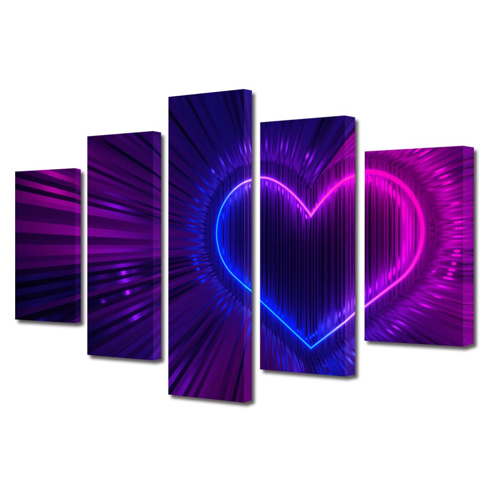 Set Tablouri Multicanvas 5 piese Colectia Ziua Indragostitilor, Dragobete, Valentine's Day, Inima in mov si albastru, Decoratiuni Moderne pentru Casa, 120 x 225 cm