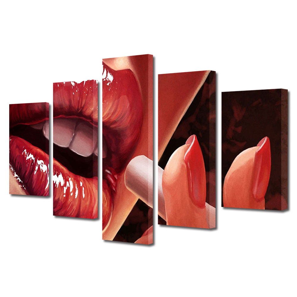 Set Tablouri Multicanvas 5 piese Colectia Ziua Indragostitilor, Dragobete, Valentine's Day, Buze pentru tigara, Decoratiuni Moderne pentru Casa, 120 x 225 cm
