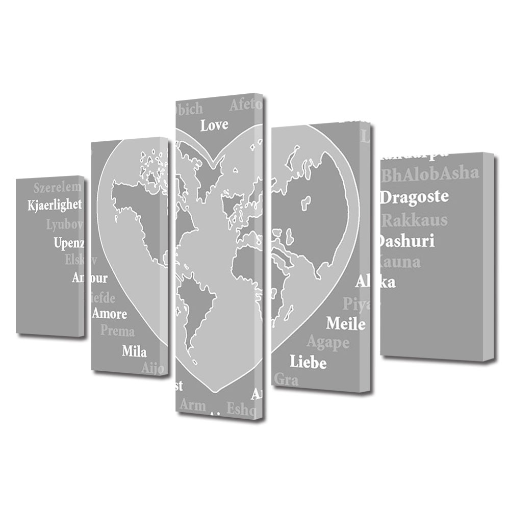 Set Tablouri Multicanvas 5 piese Colectia Ziua Indragostitilor, Dragobete, Valentine's Day, Iubire in toate limbile, Decoratiuni Moderne pentru Casa, 120 x 225 cm