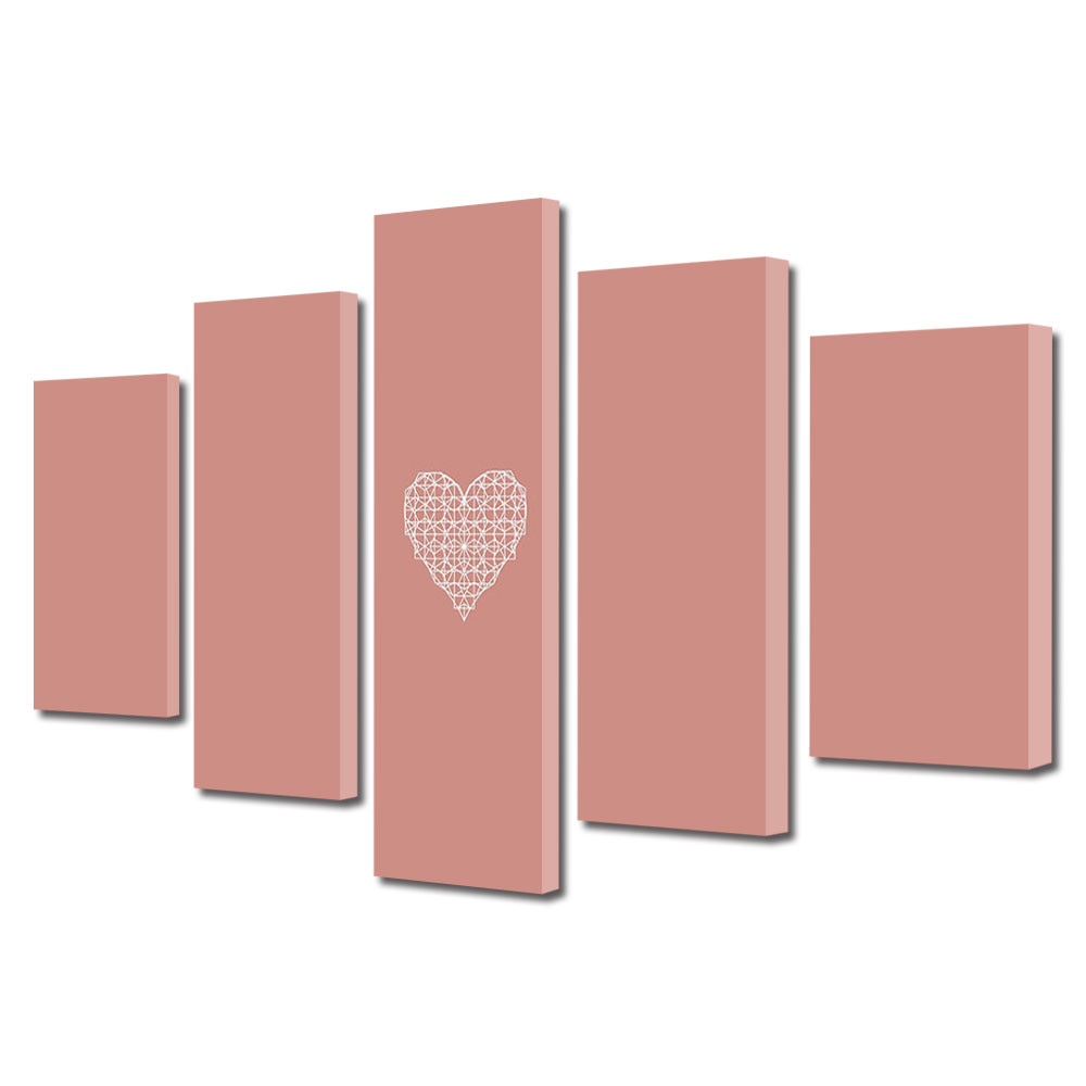 Set Tablouri Multicanvas 5 piese Colectia Ziua Indragostitilor, Dragobete, Valentine's Day, Inima pe fundal roz, Decoratiuni Moderne pentru Casa, 120 x 225 cm