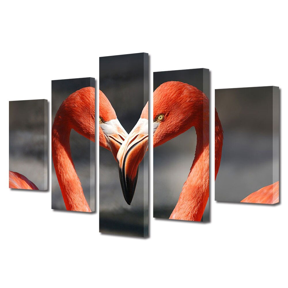 Set Tablouri Multicanvas 5 piese Colectia Ziua Indragostitilor, Dragobete, Valentine's Day, Flamingo pereche, Decoratiuni Moderne pentru Casa, 120 x 225 cm