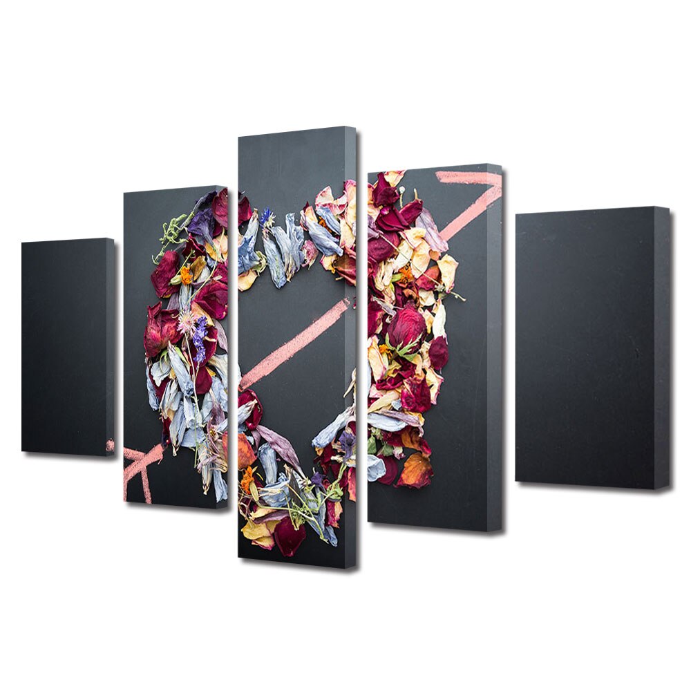 Set Tablouri Multicanvas 5 piese Colectia Ziua Indragostitilor, Dragobete, Valentine's Day, Inima din floricele, Decoratiuni Moderne pentru Casa, 120 x 225 cm
