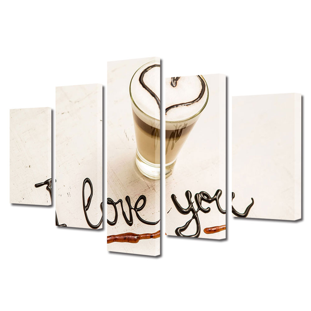 Set Tablouri Multicanvas 5 piese Colectia Ziua Indragostitilor, Dragobete, Valentine's Day, Cafea surpriza, Decoratiuni Moderne pentru Casa, 120 x 225 cm