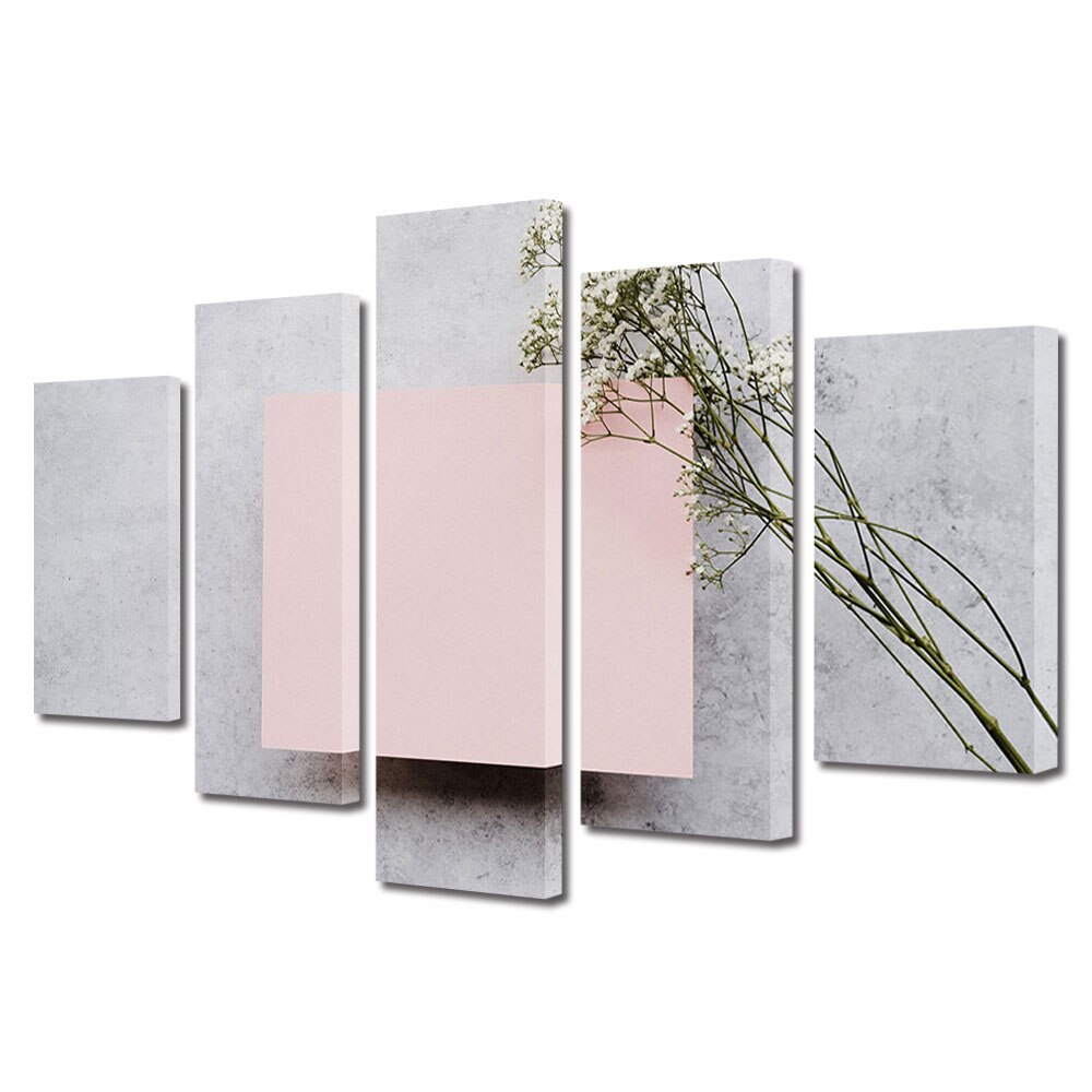 Set Tablouri Multicanvas 5 piese Colectia Ziua Indragostitilor, Dragobete, Valentine's Day, Scrisoare roz si floricele, Decoratiuni Moderne pentru Casa, 120 x 225 cm