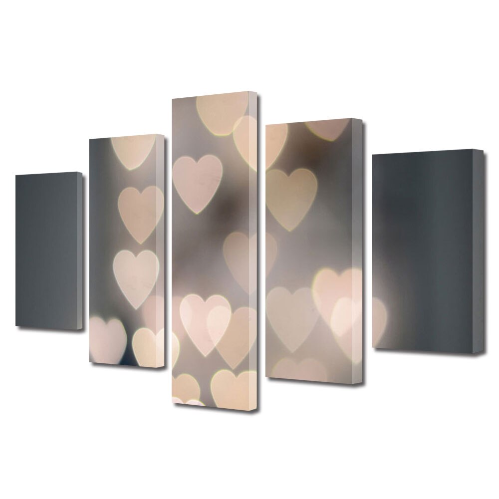 Set Tablouri Multicanvas 5 piese Colectia Ziua Indragostitilor, Dragobete, Valentine's Day, Inimioare roz deschis, Decoratiuni Moderne pentru Casa, 120 x 225 cm