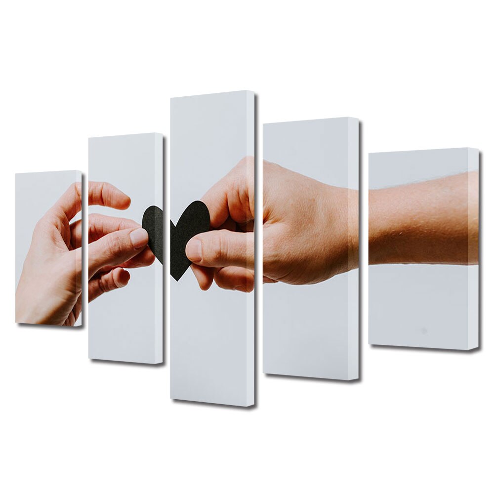 Set Tablouri Multicanvas 5 piese Colectia Ziua Indragostitilor, Dragobete, Valentine's Day, Inima neagra impartita, Decoratiuni Moderne pentru Casa, 120 x 225 cm