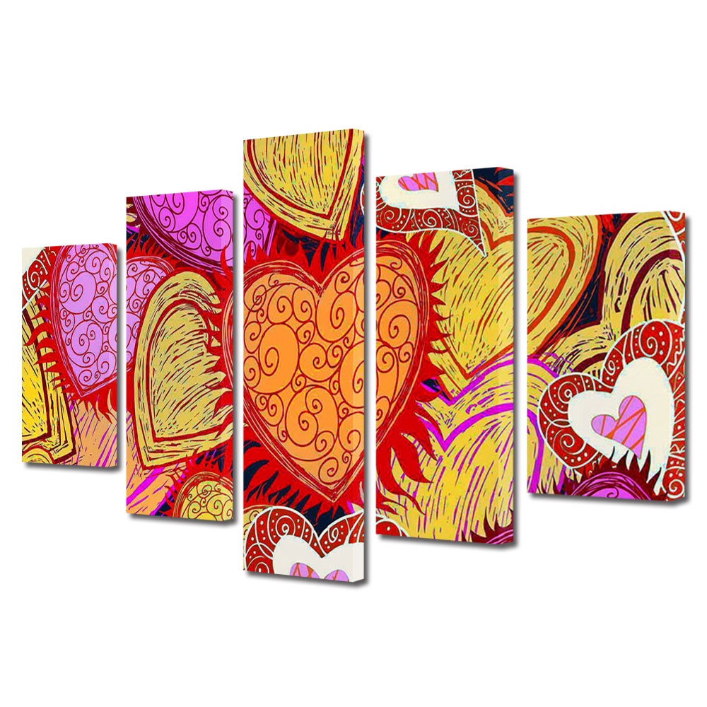Set Tablouri Multicanvas 5 piese Colectia Ziua Indragostitilor, Dragobete, Valentine's Day, Inimi diferite, Decoratiuni Moderne pentru Casa, 120 x 225 cm
