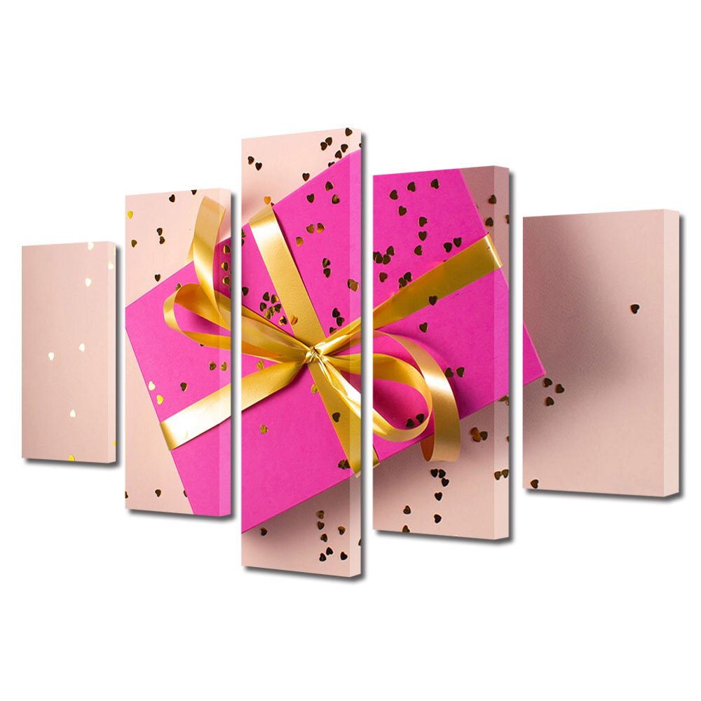 Set Tablouri Multicanvas 5 piese Colectia Ziua Indragostitilor, Dragobete, Valentine's Day, Cadou roz, Decoratiuni Moderne pentru Casa, 120 x 225 cm