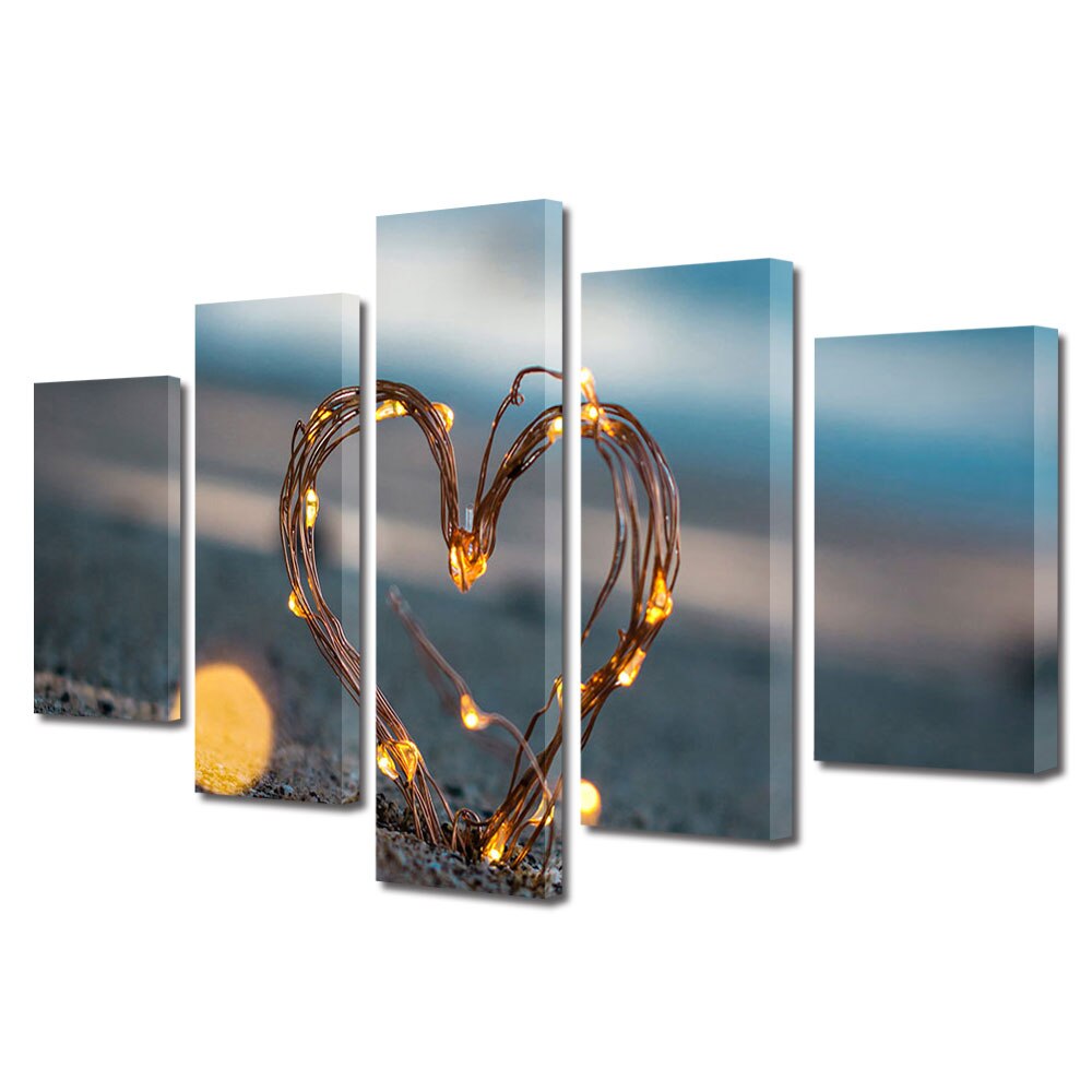 Set Tablouri Multicanvas 5 piese Colectia Ziua Indragostitilor, Dragobete, Valentine's Day, Inima pe plaja, Decoratiuni Moderne pentru Casa, 120 x 225 cm
