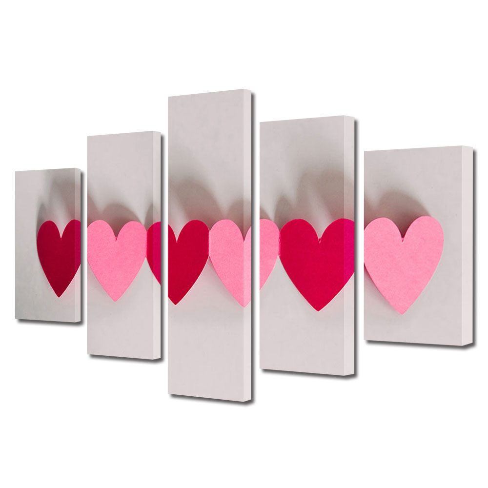 Set Tablouri Multicanvas 5 piese Colectia Ziua Indragostitilor, Dragobete, Valentine's Day, Inimi roz si rosii pe perete, Decoratiuni Moderne pentru Casa, 120 x 225 cm