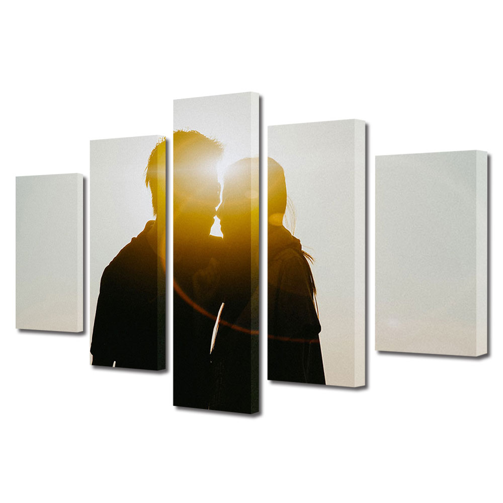 Set Tablouri Multicanvas 5 piese Colectia Ziua Indragostitilor, Dragobete, Valentine's Day, Sarut la apus, Decoratiuni Moderne pentru Casa, 120 x 225 cm
