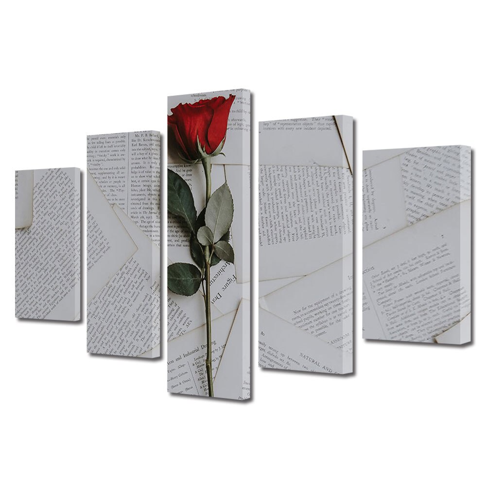 Set Tablouri Multicanvas 5 piese Colectia Ziua Indragostitilor, Dragobete, Valentine's Day, Trandafir rosu peste foi, Decoratiuni Moderne pentru Casa, 120 x 225 cm
