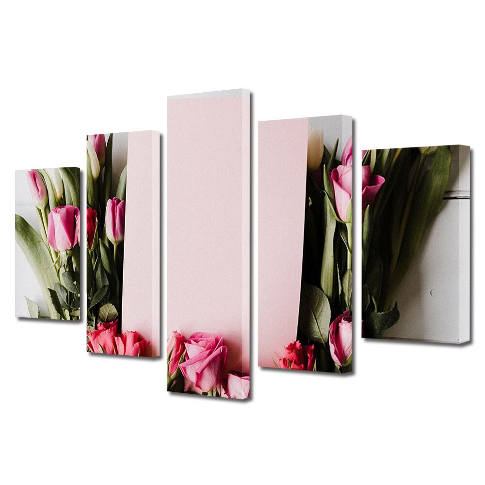 Set Tablouri Multicanvas 5 piese Colectia Ziua Indragostitilor, Dragobete, Valentine's Day, Lalele langa scrisoare roz, Decoratiuni Moderne pentru Casa, 120 x 225 cm
