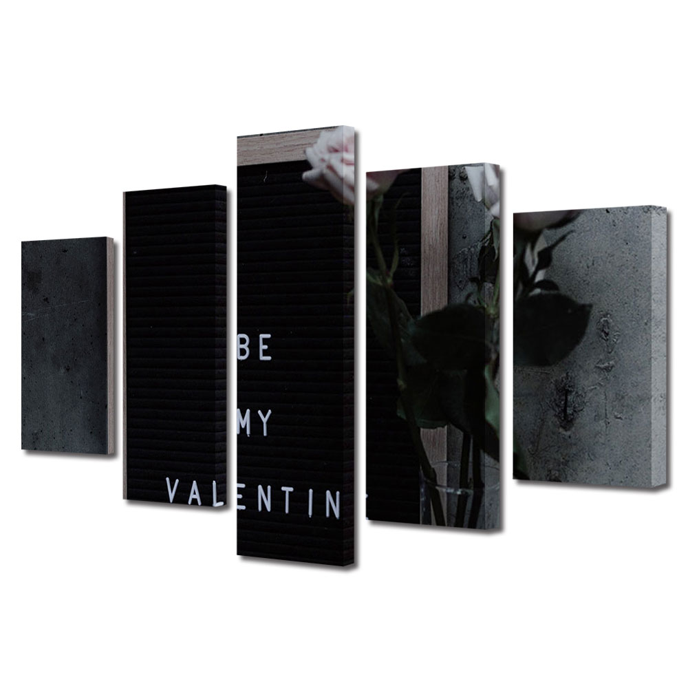 Set Tablouri Multicanvas 5 piese Colectia Ziua Indragostitilor, Dragobete, Valentine's Day, Mesaj cu trandafiri roz pal, Decoratiuni Moderne pentru Casa, 120 x 225 cm