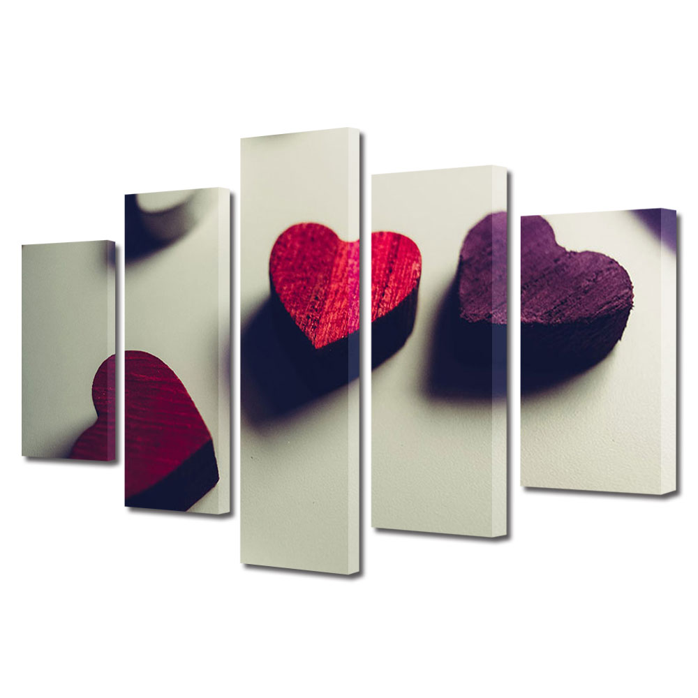 Set Tablouri Multicanvas 5 piese Colectia Ziua Indragostitilor, Dragobete, Valentine's Day, Inimi din lemn, Decoratiuni Moderne pentru Casa, 120 x 225 cm