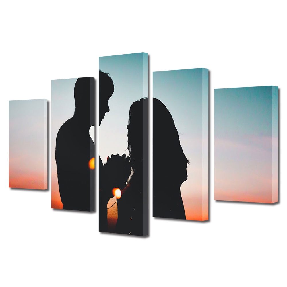 Set Tablouri Multicanvas 5 piese Colectia Ziua Indragostitilor, Dragobete, Valentine's Day, Siluete de cuplu, Decoratiuni Moderne pentru Casa, 120 x 225 cm