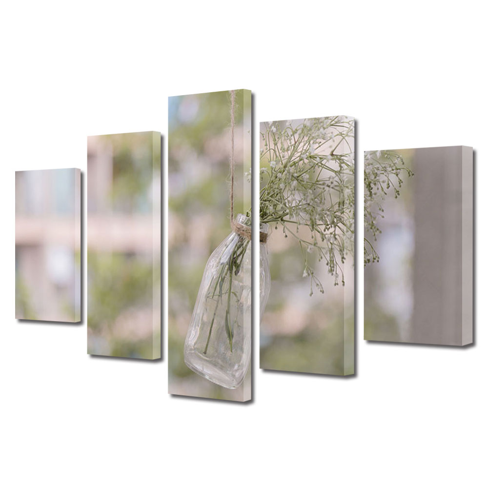 Set Tablouri Multicanvas 5 piese Colectia Ziua Indragostitilor, Dragobete, Valentine's Day, Floare agatata in borcan, Decoratiuni Moderne pentru Casa, 120 x 225 cm