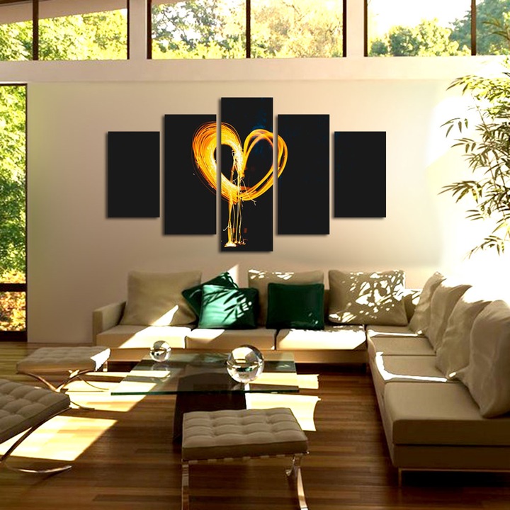 Set Tablouri Multicanvas 5 piese Colectia Ziua Indragostitilor, Dragobete, Valentine's Day, Inima mare si aprinsa, Decoratiuni Moderne pentru Casa, 100 x 175 cm