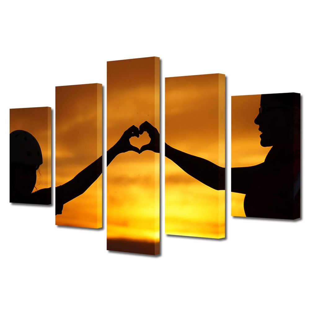 Set Tablouri Multicanvas 5 piese Colectia Ziua Indragostitilor, Dragobete, Valentine's Day, Inima la apus, Decoratiuni Moderne pentru Casa, 120 x 225 cm