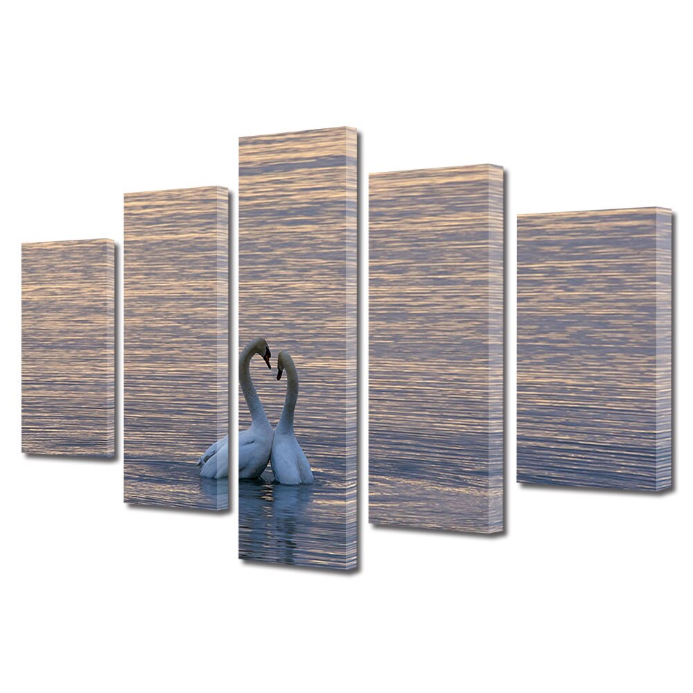 Set Tablouri Multicanvas 5 piese Colectia Ziua Indragostitilor, Dragobete, Valentine's Day, Lebede in apa, Decoratiuni Moderne pentru Casa, 120 x 225 cm
