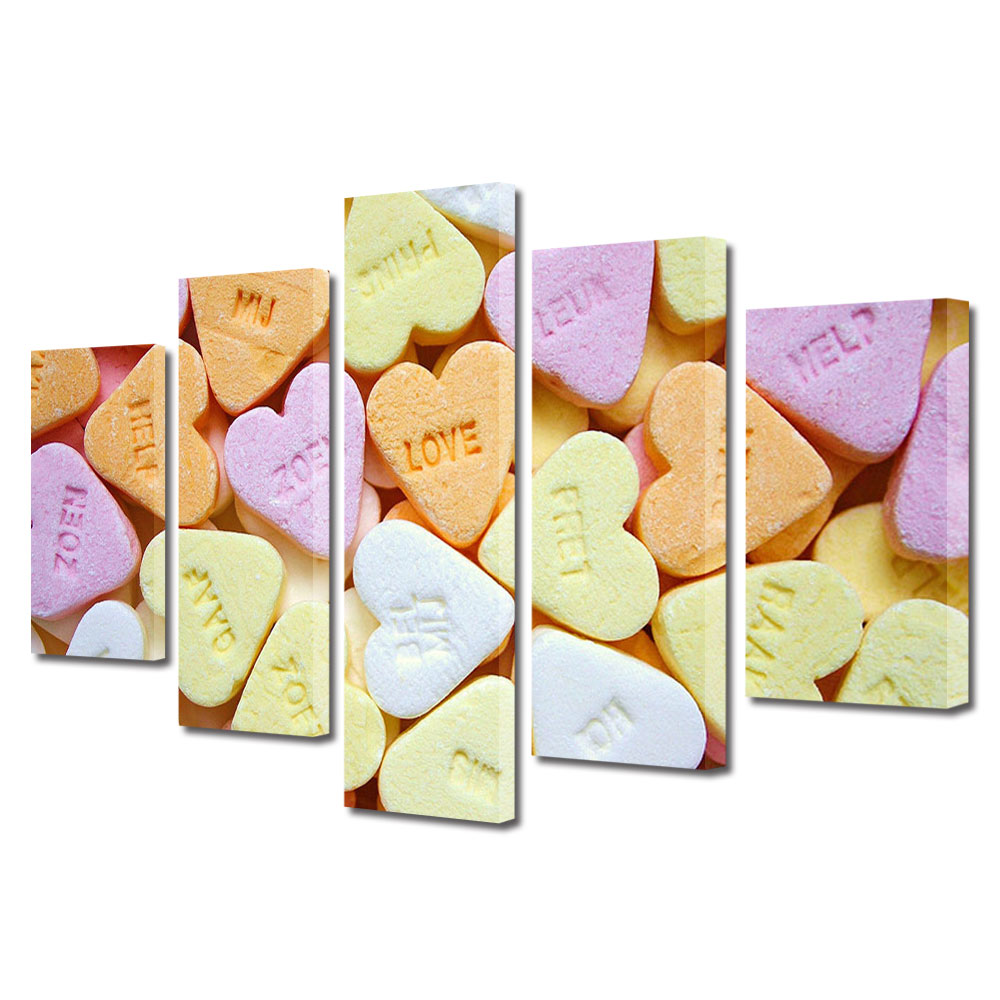 Set Tablouri Multicanvas 5 piese Colectia Ziua Indragostitilor, Dragobete, Valentine's Day, Inimi mici, Decoratiuni Moderne pentru Casa, 120 x 225 cm