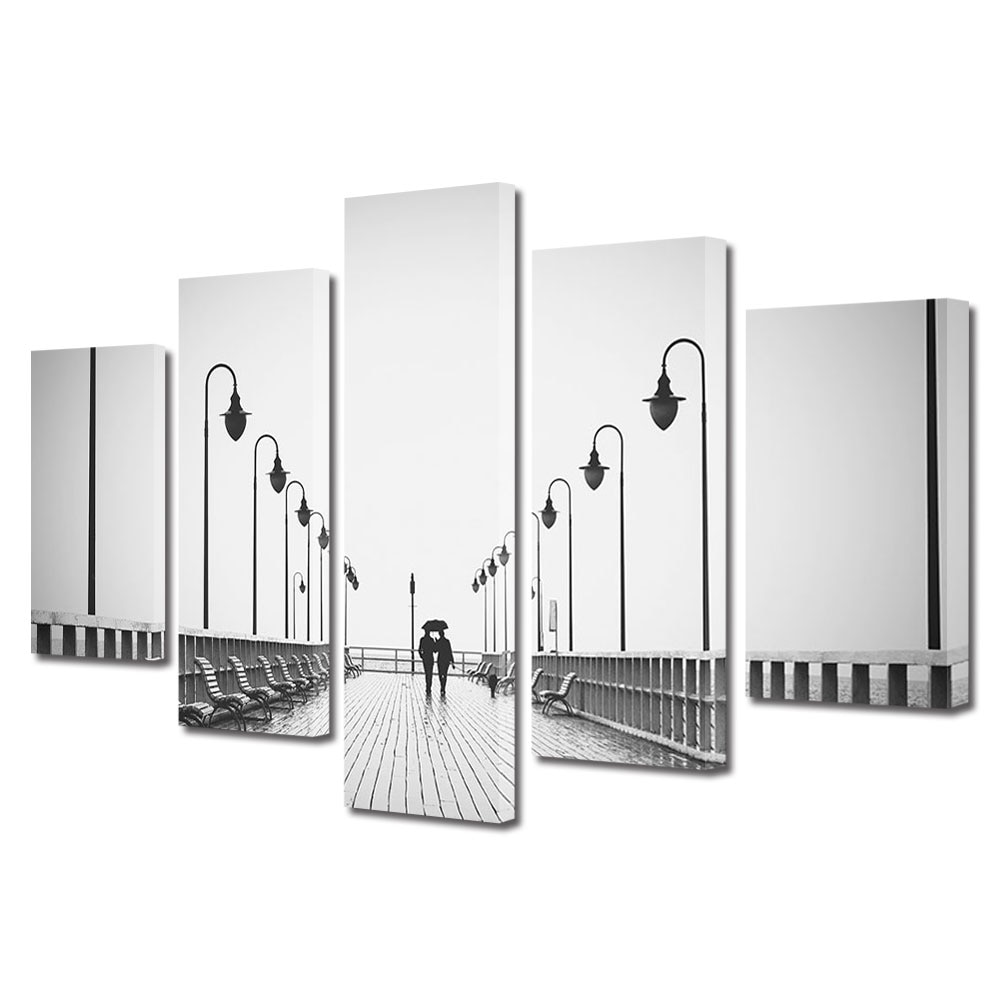 Set Tablouri Multicanvas 5 piese Colectia Ziua Indragostitilor, Dragobete, Valentine's Day, Plimbare in alb negru, Decoratiuni Moderne pentru Casa, 120 x 225 cm