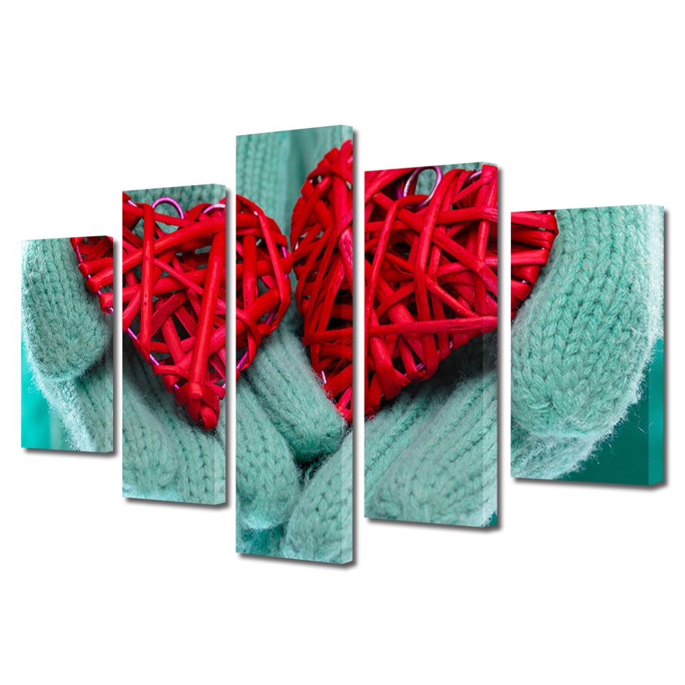 Set Tablouri Multicanvas 5 piese Colectia Ziua Indragostitilor, Dragobete, Valentine's Day, Inimi incalzite, Decoratiuni Moderne pentru Casa, 120 x 225 cm