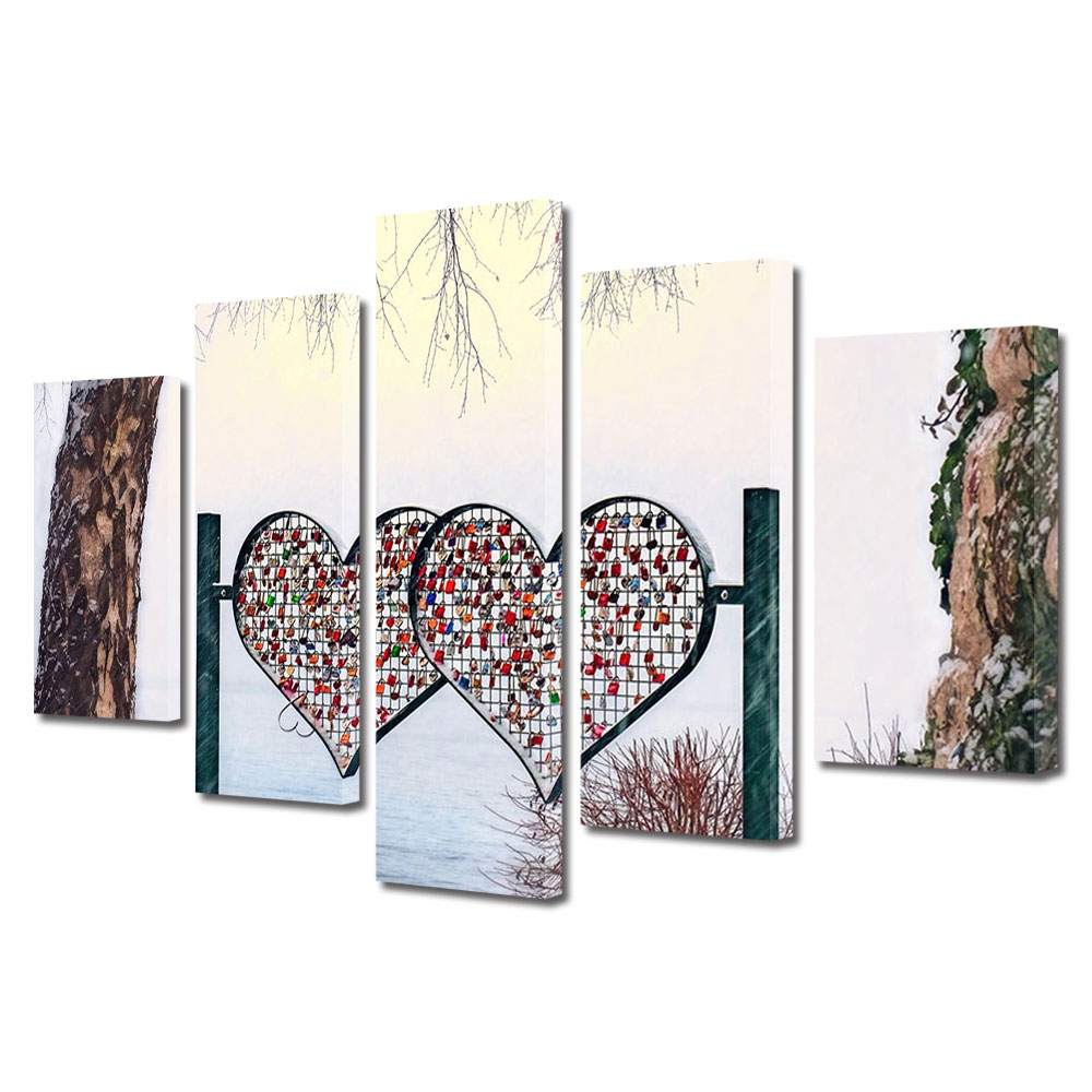 Set Tablouri Multicanvas 5 piese Colectia Ziua Indragostitilor, Dragobete, Valentine's Day, Inimi si lacate, Decoratiuni Moderne pentru Casa, 120 x 225 cm