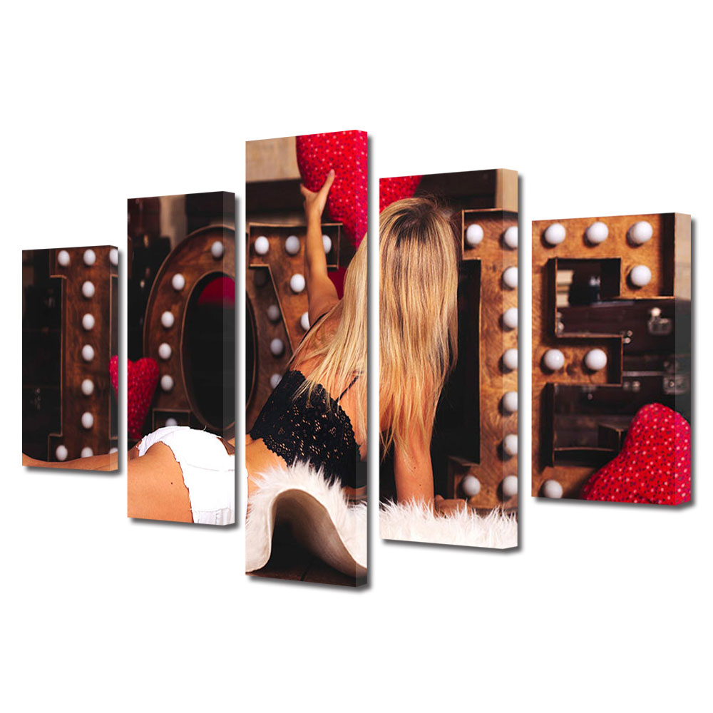 Set Tablouri Multicanvas 5 piese Colectia Ziua Indragostitilor, Dragobete, Valentine's Day, Aranjand dragostea, Decoratiuni Moderne pentru Casa, 120 x 225 cm