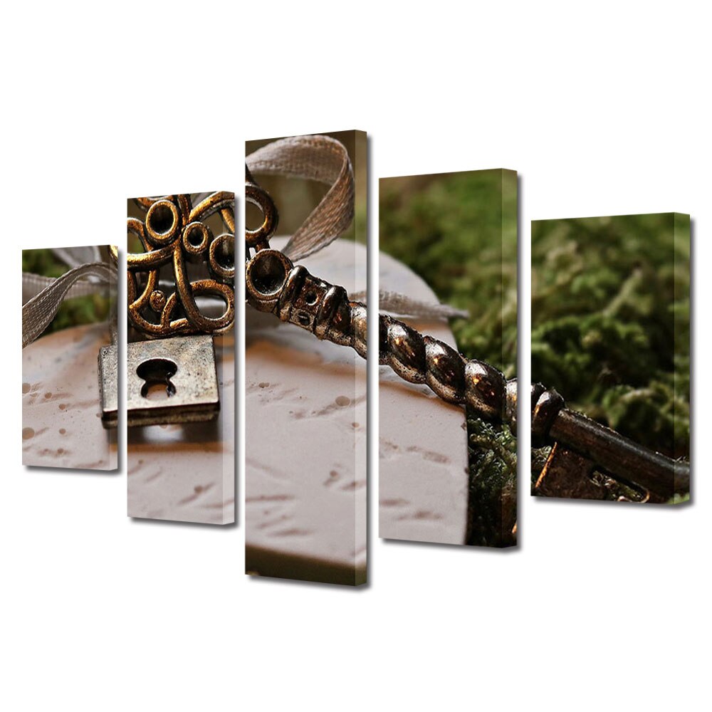 Set Tablouri Multicanvas 5 piese Colectia Ziua Indragostitilor, Dragobete, Valentine's Day, Lacatul si cheia, Decoratiuni Moderne pentru Casa, 120 x 225 cm