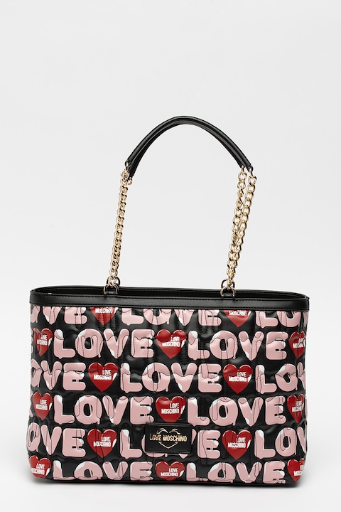 Love Moschino, Шопинг чанта от еко кожа с лого, Черен/Розов