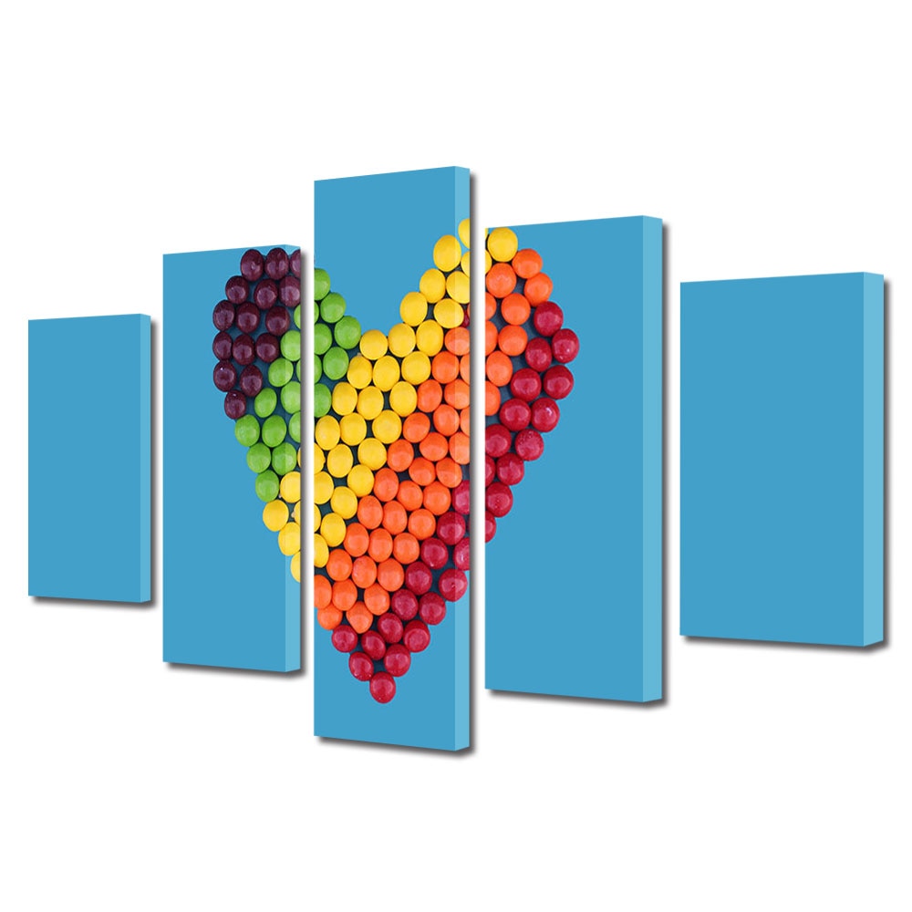 Set Tablouri Multicanvas 5 piese Colectia Ziua Indragostitilor, Dragobete, Valentine's Day, Bomboane colorate cu dragoste, Decoratiuni Moderne pentru Casa, 120 x 225 cm