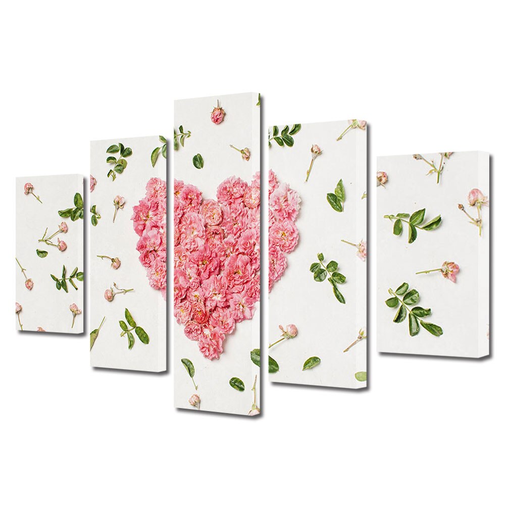 Set Tablouri Multicanvas 5 piese Colectia Ziua Indragostitilor, Dragobete, Valentine's Day, Inima din flori si frunze, Decoratiuni Moderne pentru Casa, 120 x 225 cm