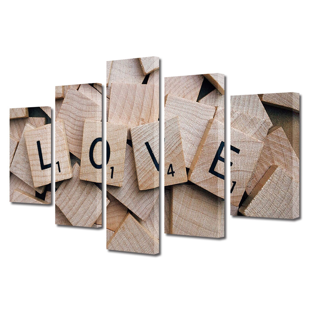 Set Tablouri Multicanvas 5 piese Colectia Ziua Indragostitilor, Dragobete, Valentine's Day, Dragoste pe lemn, Decoratiuni Moderne pentru Casa, 120 x 225 cm