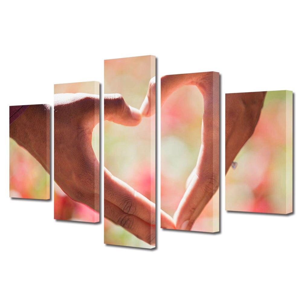 Set Tablouri Multicanvas 5 piese Colectia Ziua Indragostitilor, Dragobete, Valentine's Day, Inima din maini , Decoratiuni Moderne pentru Casa, 120 x 225 cm