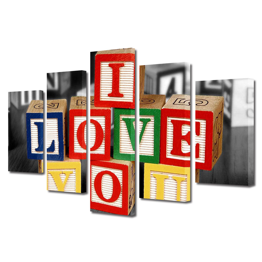 Set Tablouri Multicanvas 5 piese Colectia Ziua Indragostitilor, Dragobete, Valentine's Day, Cuburi colorate, Decoratiuni Moderne pentru Casa, 120 x 225 cm