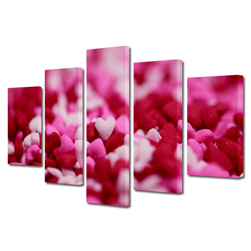 Set Tablouri Multicanvas 5 piese Colectia Ziua Indragostitilor, Dragobete, Valentine's Day, Inimi multe roz si rosii, Decoratiuni Moderne pentru Casa, 120 x 225 cm