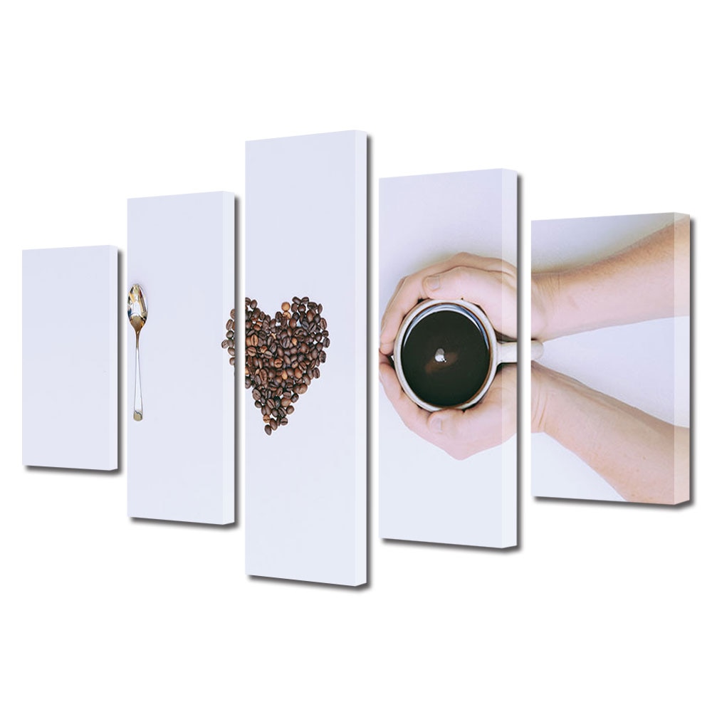 Set Tablouri Multicanvas 5 piese Colectia Ziua Indragostitilor, Dragobete, Valentine's Day, Cafea pregatita cu dragoste, Decoratiuni Moderne pentru Casa, 120 x 225 cm