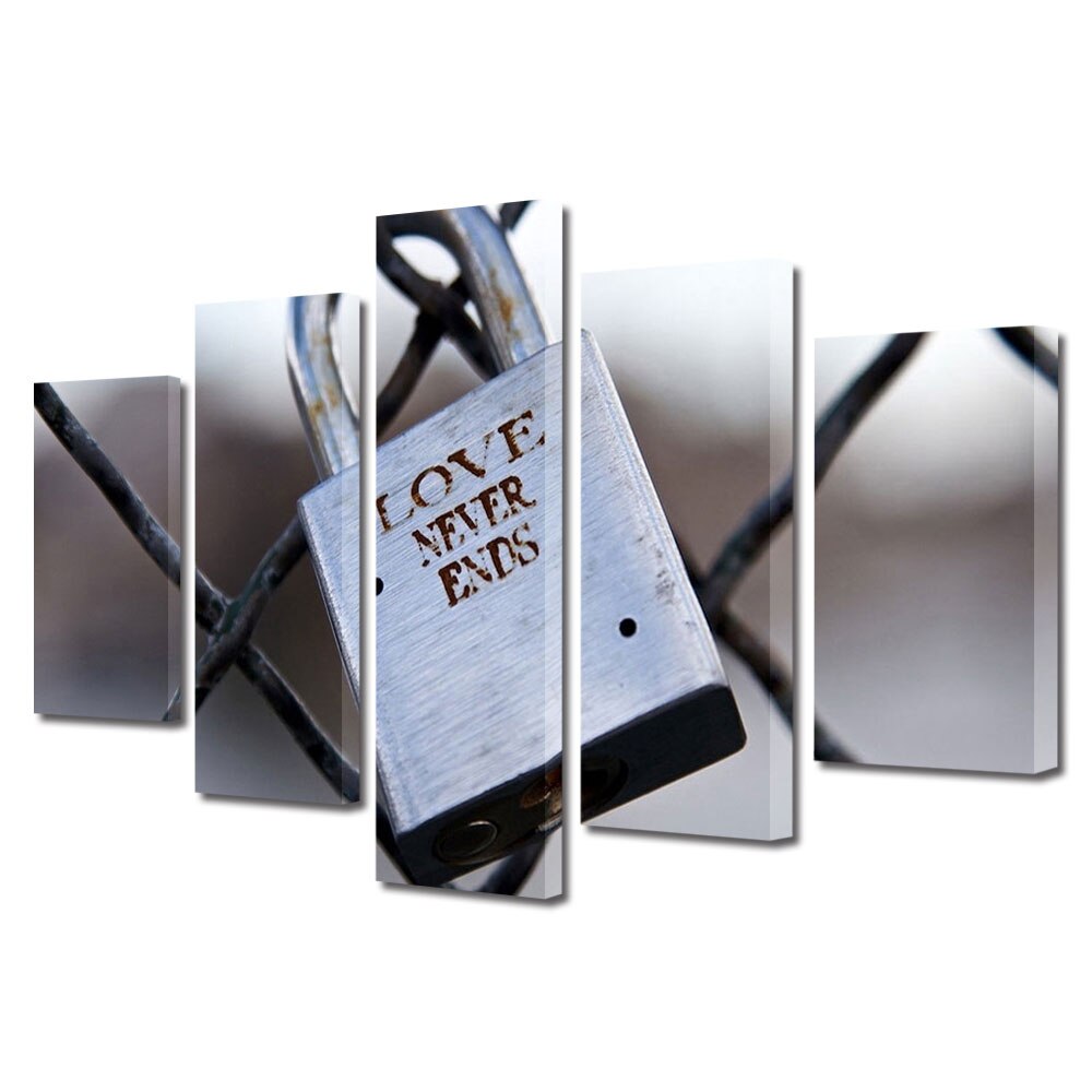 Set Tablouri Multicanvas 5 piese Colectia Ziua Indragostitilor, Dragobete, Valentine's Day, Lacatul iubirii, Decoratiuni Moderne pentru Casa, 120 x 225 cm