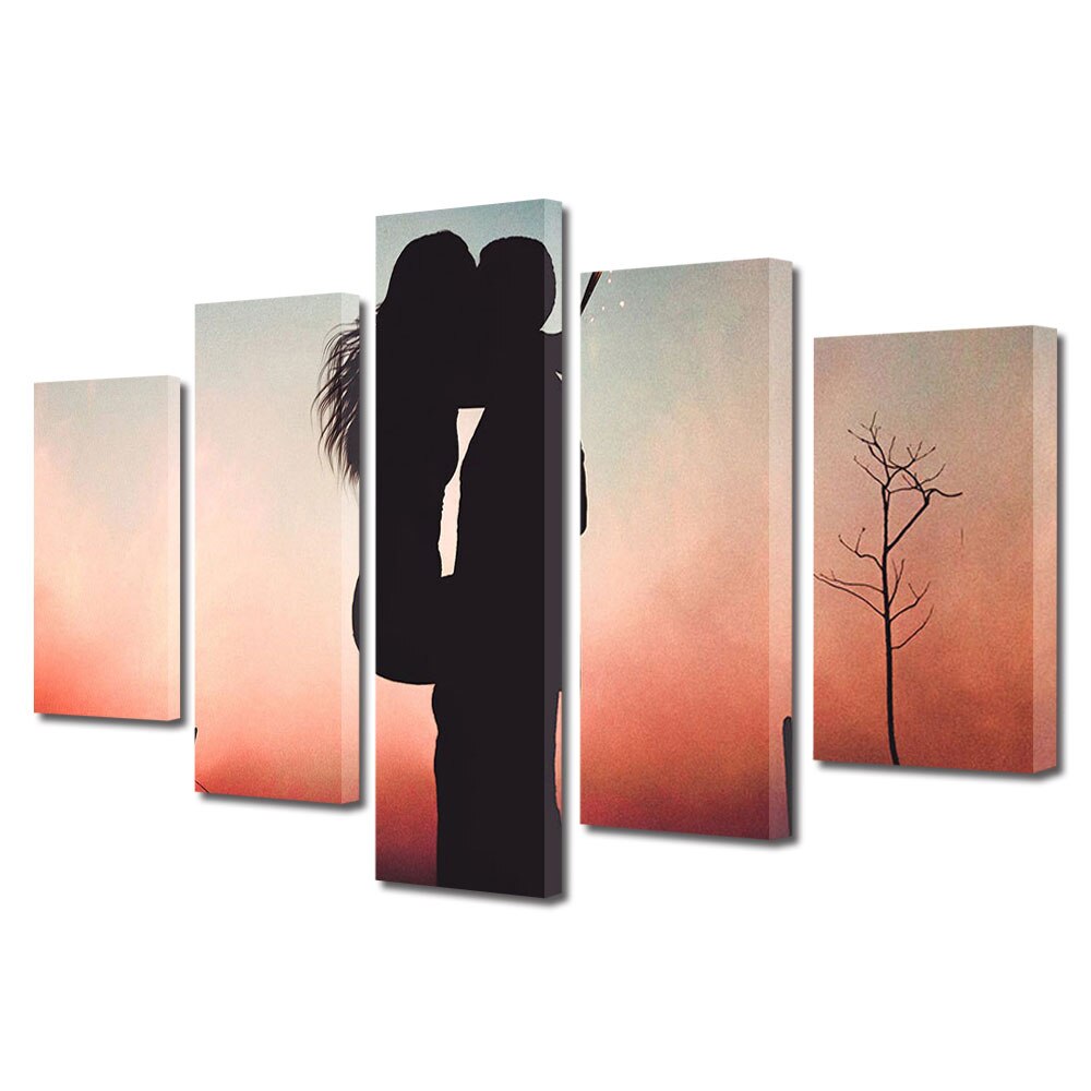 Set Tablouri Multicanvas 5 piese Colectia Ziua Indragostitilor, Dragobete, Valentine's Day, Cuplu afara, Decoratiuni Moderne pentru Casa, 120 x 225 cm