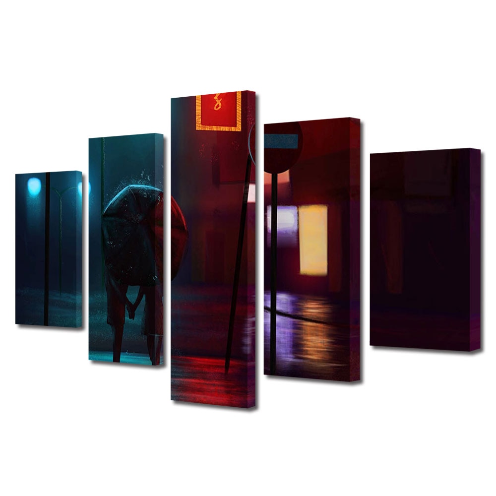 Set Tablouri Multicanvas 5 piese Colectia Ziua Indragostitilor, Dragobete, Valentine's Day, Indragotiti sub umbrela, Decoratiuni Moderne pentru Casa, 120 x 225 cm
