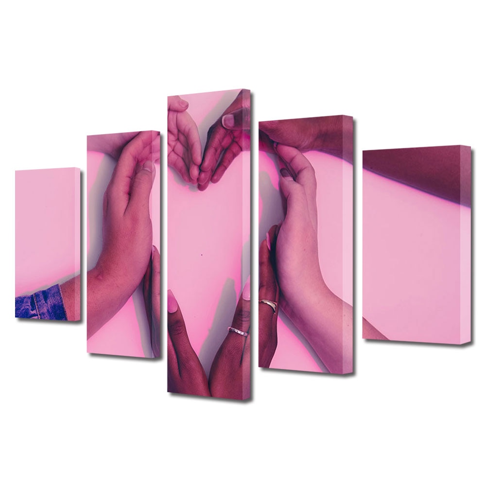 Set Tablouri Multicanvas 5 piese Colectia Ziua Indragostitilor, Dragobete, Valentine's Day, Maini diferite cu inima, Decoratiuni Moderne pentru Casa, 120 x 225 cm