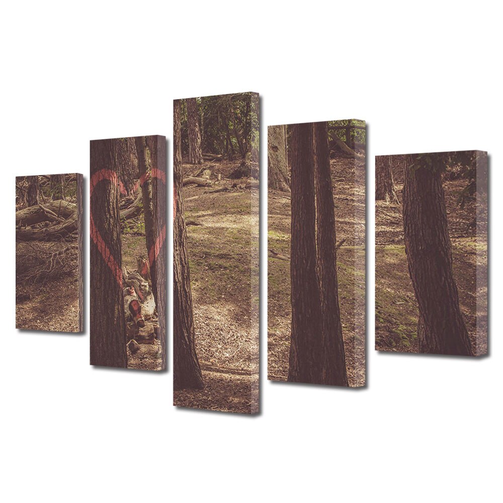 Set Tablouri Multicanvas 5 piese Colectia Ziua Indragostitilor, Dragobete, Valentine's Day, Inima pe copaci, Decoratiuni Moderne pentru Casa, 120 x 225 cm