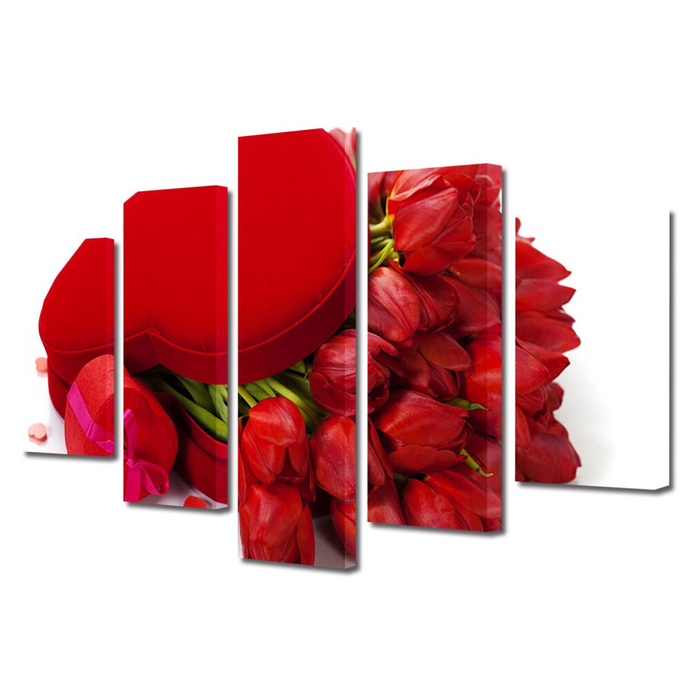 Set Tablouri Multicanvas 5 piese Colectia Ziua Indragostitilor, Dragobete, Valentine's Day, Lalele cadou, Decoratiuni Moderne pentru Casa, 120 x 225 cm