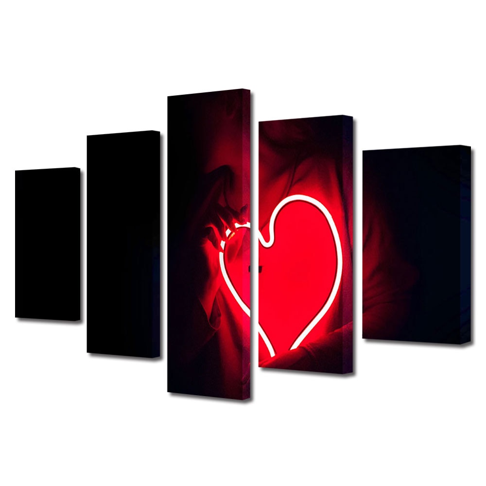Set Tablouri Multicanvas 5 piese Colectia Ziua Indragostitilor, Dragobete, Valentine's Day, Inima cu raze rosii, Decoratiuni Moderne pentru Casa, 120 x 225 cm